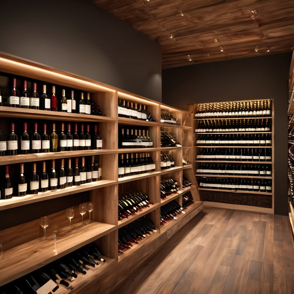 Elegant wine store interior with rows of wine bottles on wooden shelves, warm ambient lighting, professional wine selection display