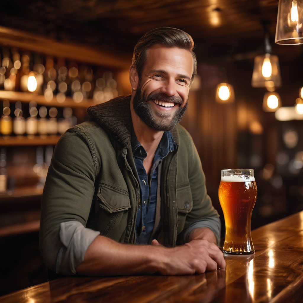 Happy customer enjoying craft beer at rustic bar counter, satisfied smile, warm pub atmosphere with craft beer taps