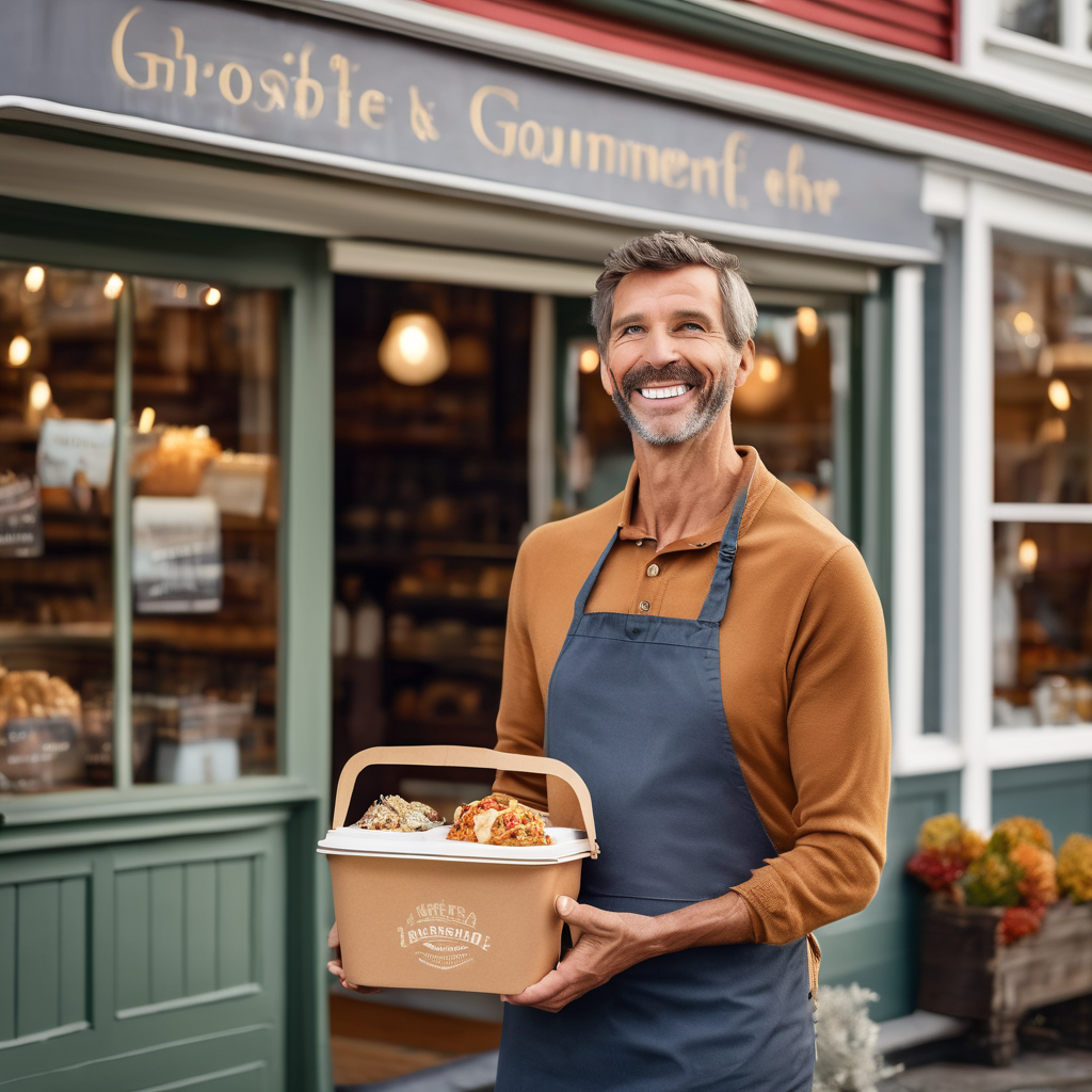 Satisfied customer holding takeaway container of prepared gourmet food, genuine happy smile outside charming local shop